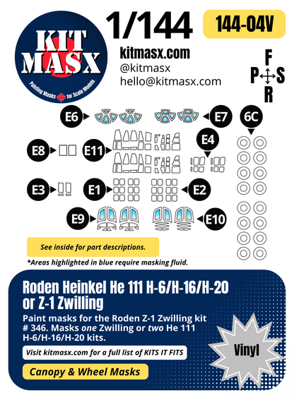 Roden Heinkel He 111 H-6/H-16/H-20 or Z-1 Zwilling 1/144 Canopy & Wheel Paint Masks, Kit # 346