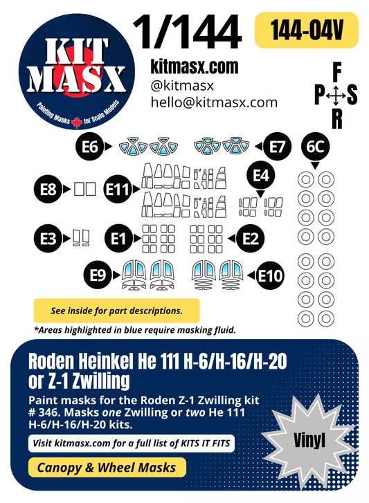 Roden Heinkel He 111 H-6/H-16/H-20 or Z-1 Zwilling 1/144 Canopy & Wheel Paint Masks, Kit # 346