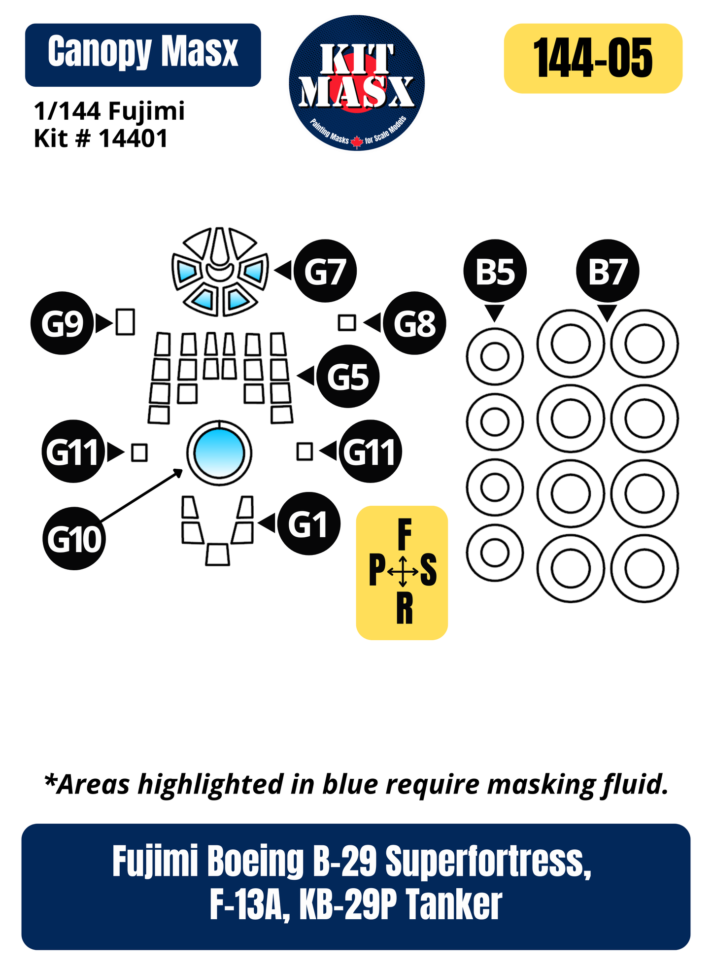 Fujimi Boeing B-29 Superfortress, F-13A, KB-29P Tanker 1/144 Canopy & Wheel Paint Masks, Kit # 14401