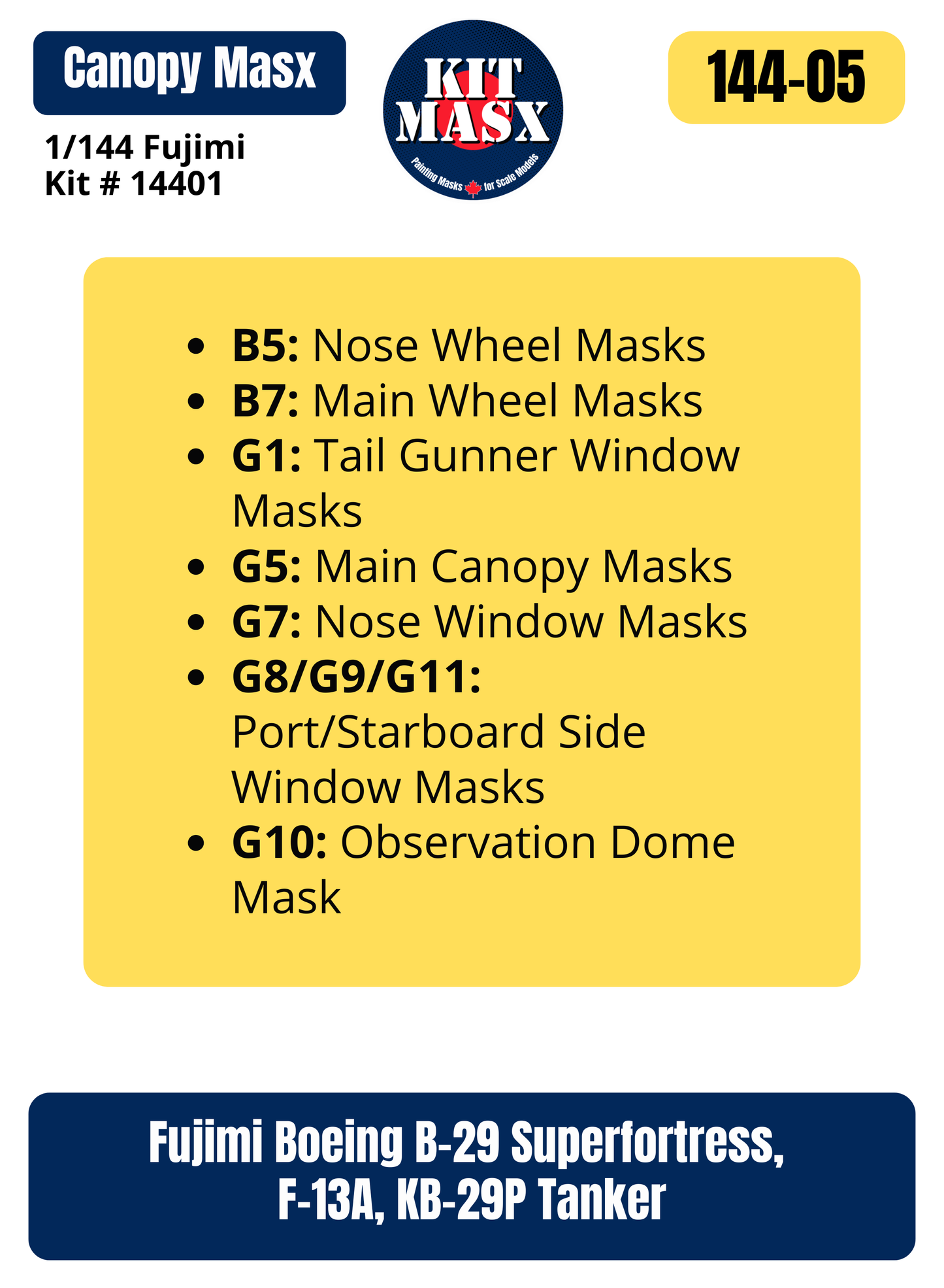 Fujimi Boeing B-29 Superfortress, F-13A, KB-29P Tanker 1/144 Canopy & Wheel Paint Masks, Kit # 14401