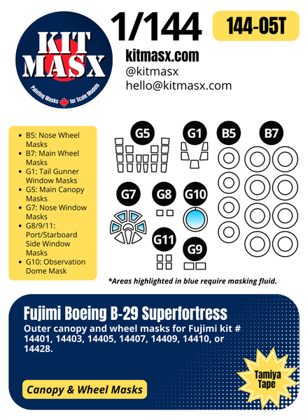 Fujimi Boeing B-29 Superfortress 1/144 Canopy & Wheel Paint Masks, Kit # 14401