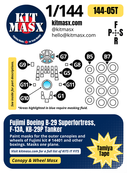 Fujimi Boeing B-29 Superfortress, F-13A, KB-29P Tanker 1/144 Canopy & Wheel Paint Masks, Kit # 14401