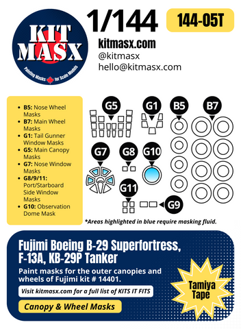 Fujimi Boeing B-29 Superfortress, F-13A, KB-29P Tanker 1/144 Canopy & Wheel Paint Masks, Kit # 14401