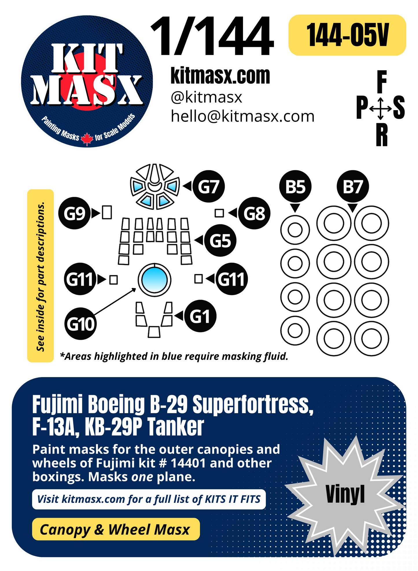 Fujimi Boeing B-29 Superfortress, F-13A, KB-29P Tanker 1/144 Canopy & Wheel Paint Masks, Kit # 14401