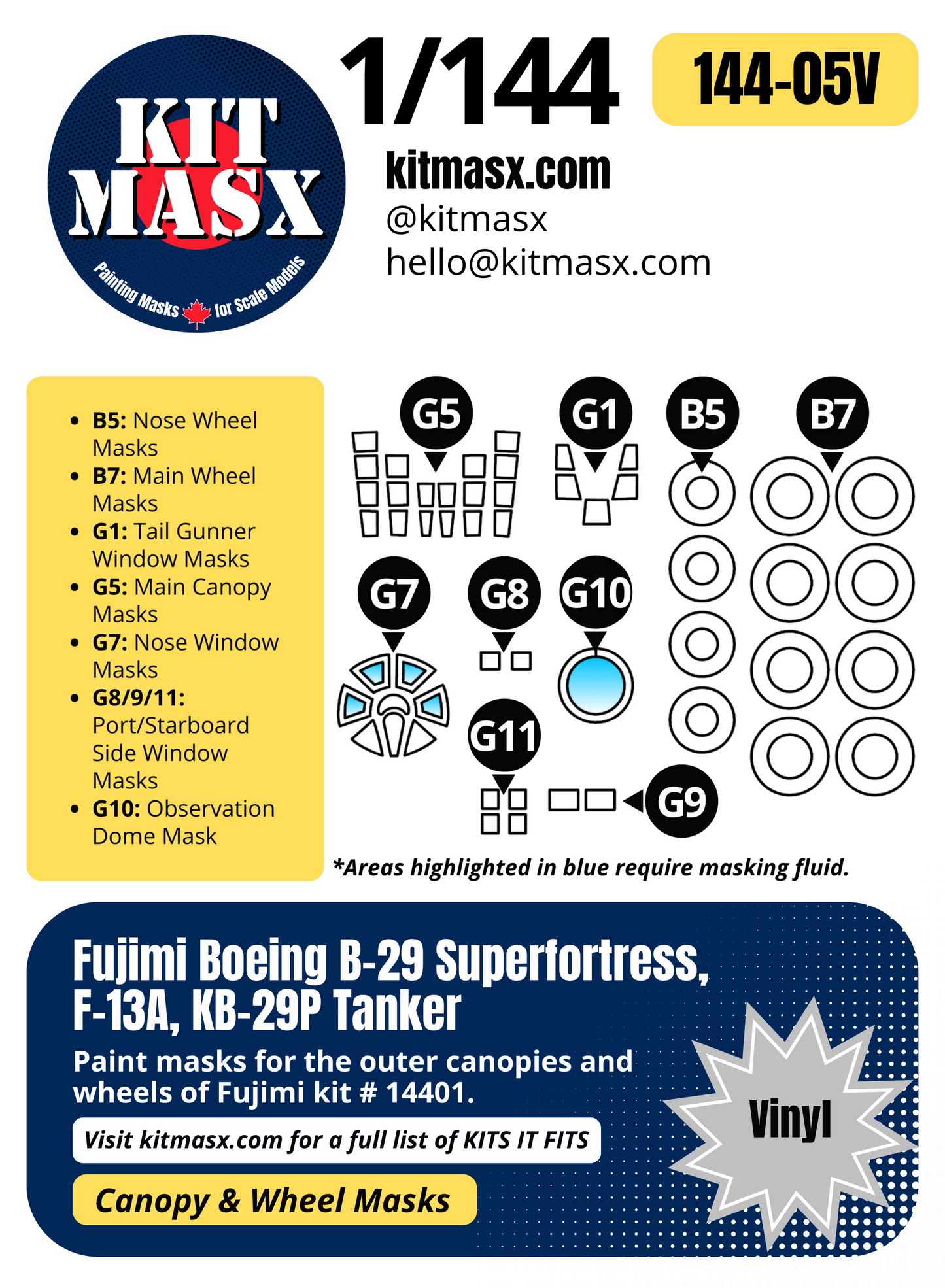 Fujimi Boeing B-29 Superfortress, F-13A, KB-29P Tanker 1/144 Canopy & Wheel Paint Masks, Kit # 14401