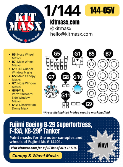 Fujimi Boeing B-29 Superfortress, F-13A, KB-29P Tanker 1/144 Canopy & Wheel Paint Masks, Kit # 14401