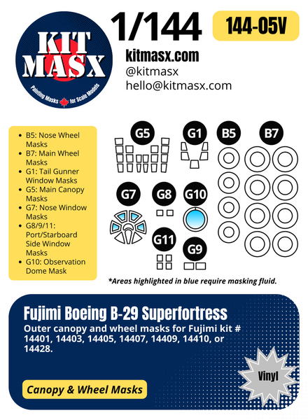 Fujimi Boeing B-29 Superfortress 1/144 Canopy & Wheel Paint Masks, Kit # 14401