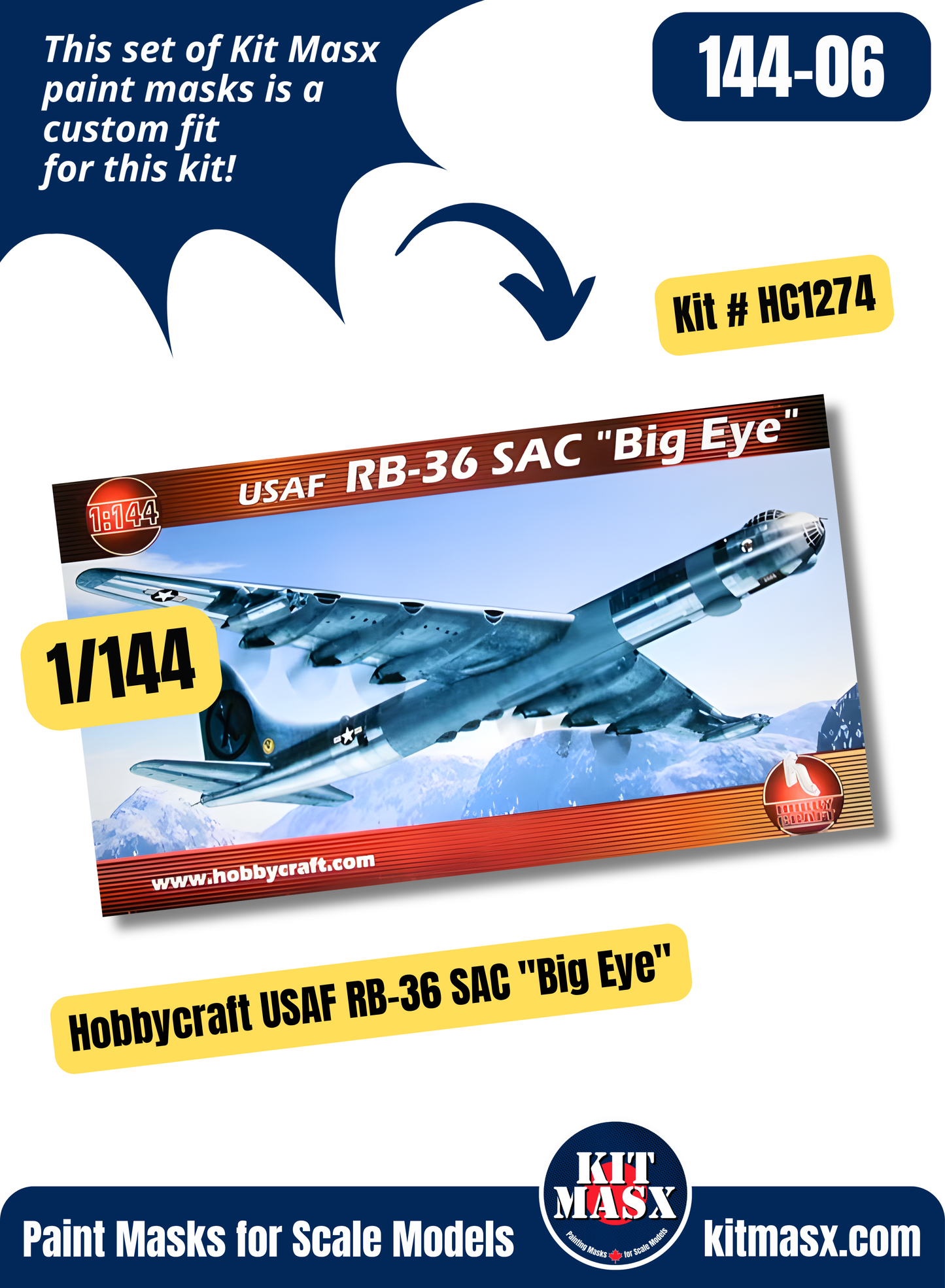 Hobbycraft Convair B-36B/D, GRB-36, RB-36 Peacemaker 1/144 Canopy & Wheel Paint Masks, Kit # HC1274