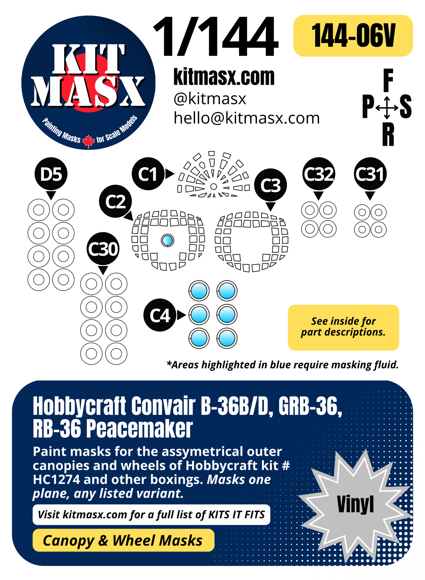 Hobbycraft Convair B-36B/D, GRB-36, RB-36 Peacemaker 1/144 Canopy & Wheel Paint Masks, Kit # HC1274