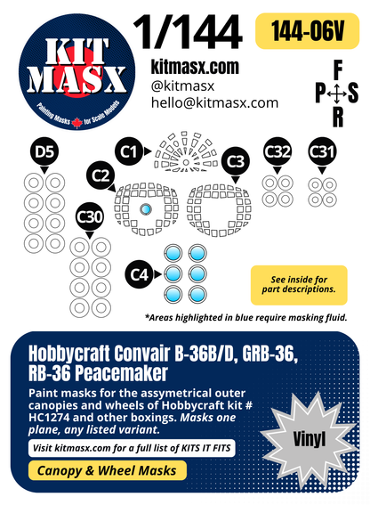 Hobbycraft Convair B-36B/D, GRB-36, RB-36 Peacemaker 1/144 Canopy & Wheel Paint Masks, Kit # HC1274