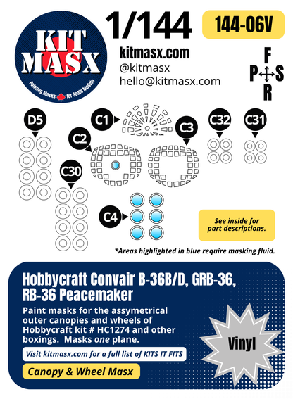 Hobbycraft Convair B-36B/D, GRB-36, RB-36 Peacemaker 1/144 Canopy & Wheel Paint Masks, Kit # HC1274 (14406)