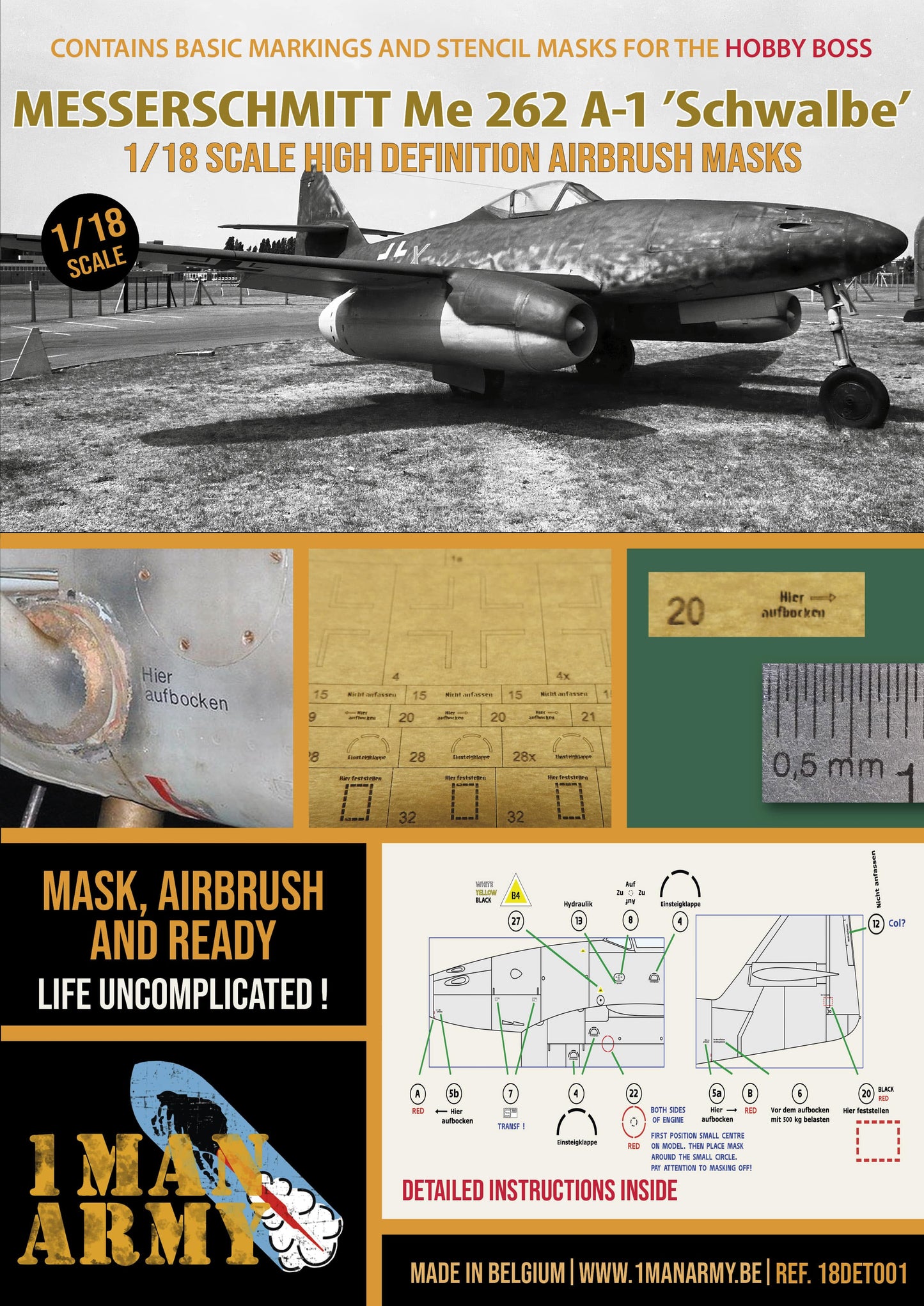1ManArmy Hobby Boss Messerschmitt Me 262 A-1 'Schwalbe' 1/18 Basic Markings & Stencil High-Definition Paint Masks, 18DET001