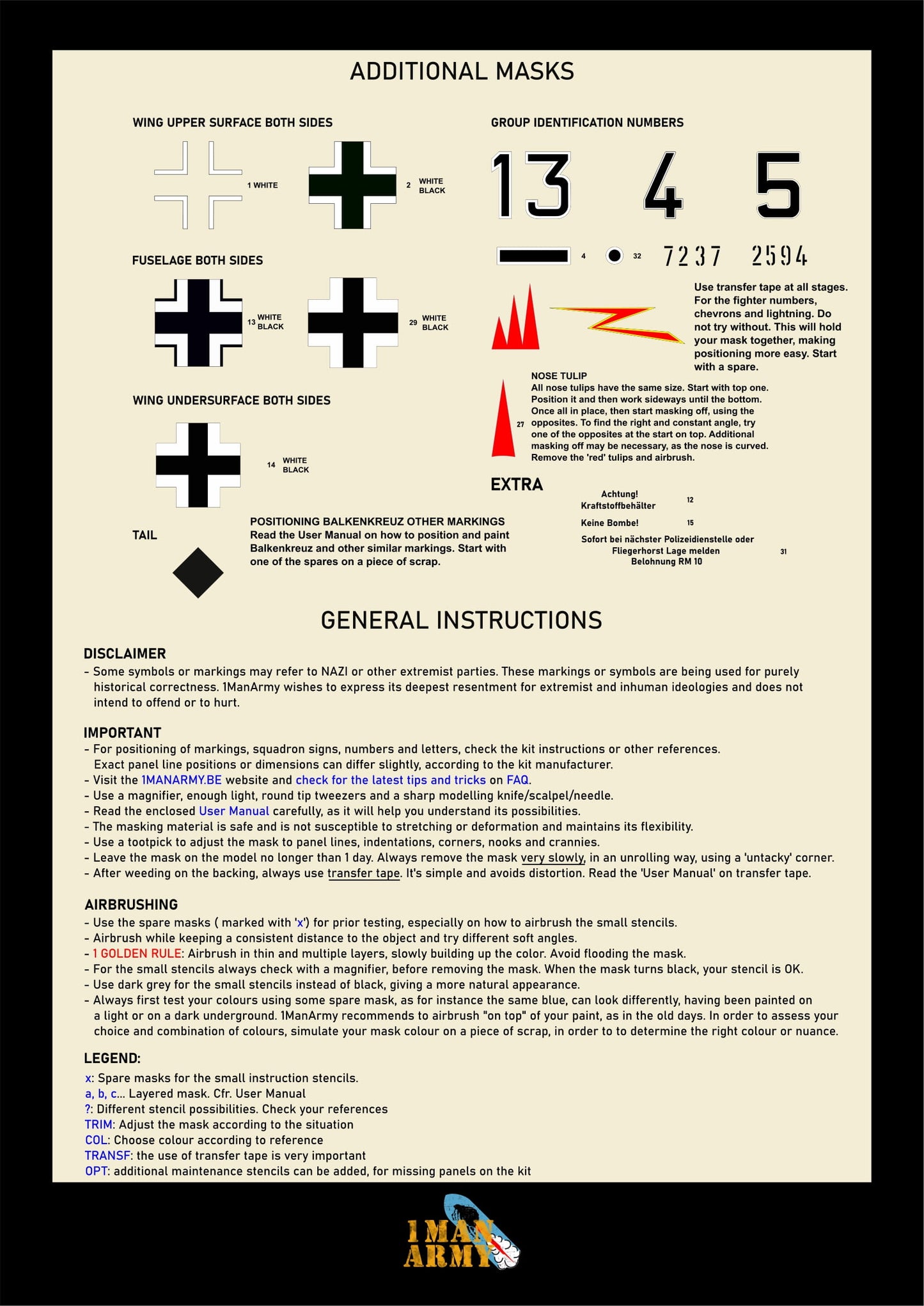 1ManArmy Hobby Boss Focke-Wulf Fw190 A-5 1/18 Basic Markings & Stencil High-Definition Paint Masks, 18DET002