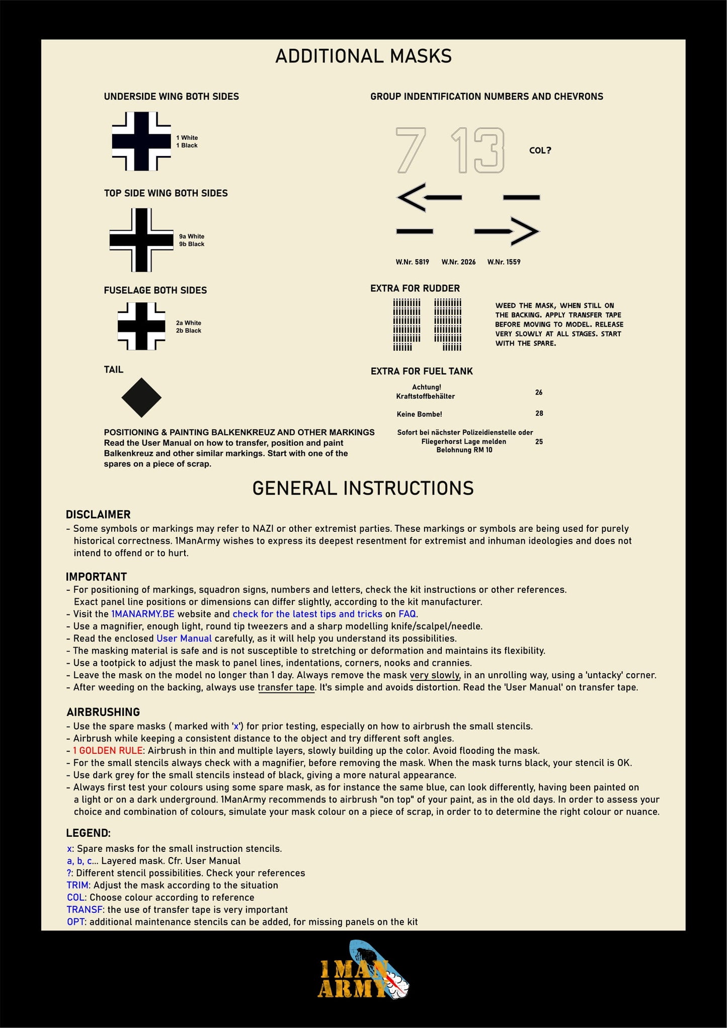 1ManArmy Hobby Boss Messerschmitt Bf109 E-4 1/18 Basic Markings & Stencil High-Definition Paint Masks, 18DET003