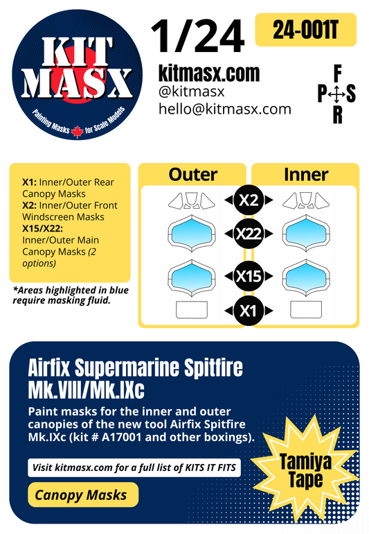 Airfix Supermarine Spitfire Mk.VIII/Mk.IXc 1/24 Canopy Paint Masks, Kit # A17001