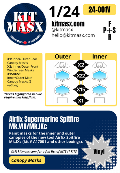 Airfix Supermarine Spitfire Mk.VIII/Mk.IXc 1/24 Canopy Paint Masks, Kit # A17001