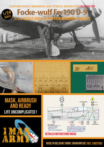 1ManArmy Trumpeter Focke-Wulf Fw190 D-9 1/24 Basic Markings & Stencil High-Definition Paint Masks, 24DET003