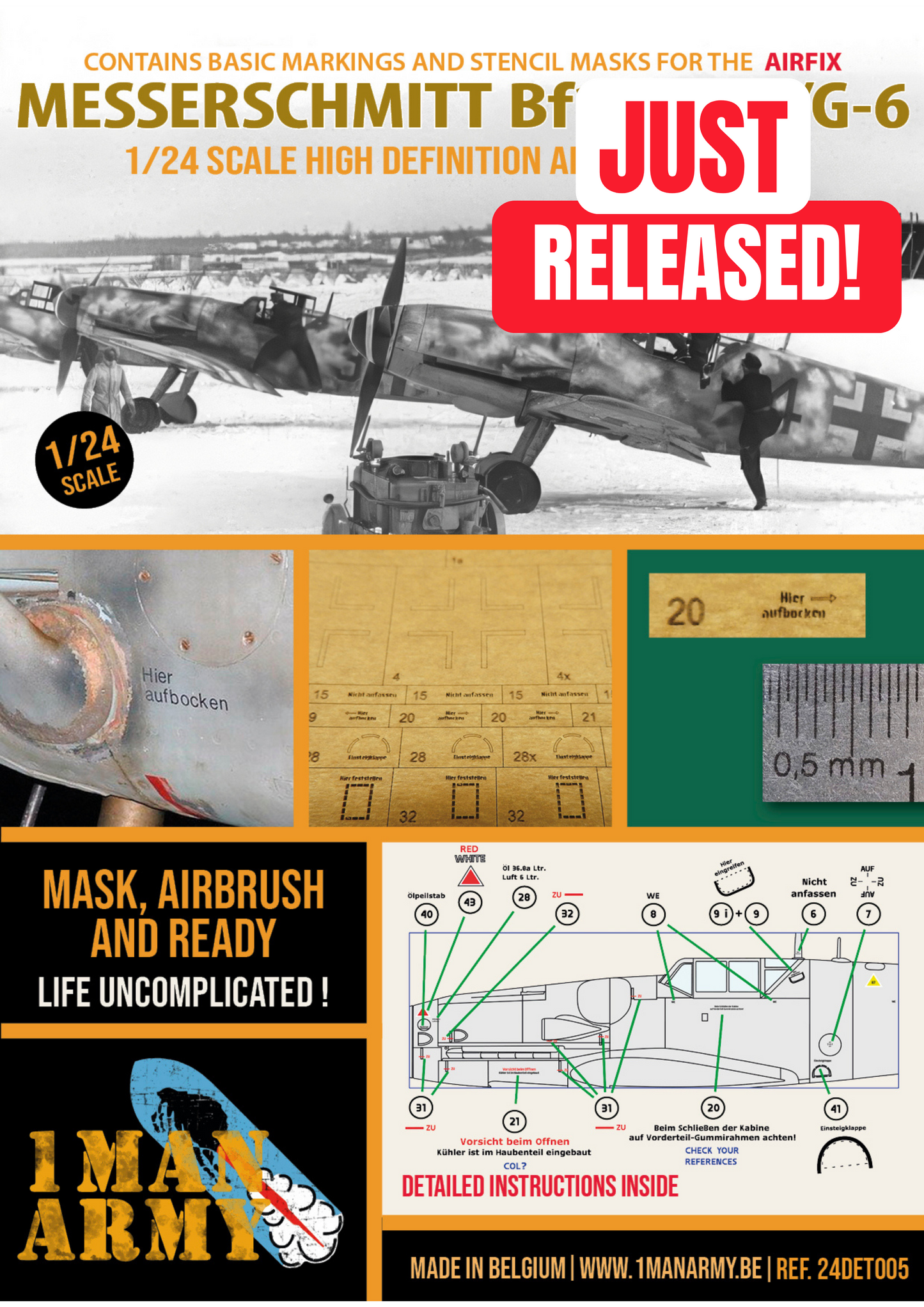 1ManArmy Airfix Messerschmitt Bf109 G-5/G-6 1/24 Basic Markings & Stencil High-Definition Paint Masks, 24DET005