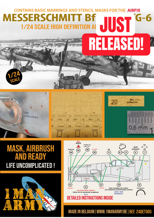 1ManArmy Airfix Messerschmitt Bf109 G-5/G-6 1/24 Basic Markings & Stencil High-Definition Paint Masks, 24DET005