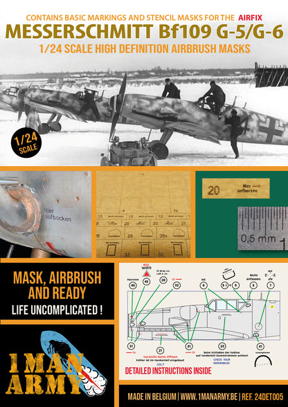 1ManArmy Airfix Messerschmitt Bf109 G-5/G-6 1/24 Basic Markings & Stencil High-Definition Paint Masks, 24DET005