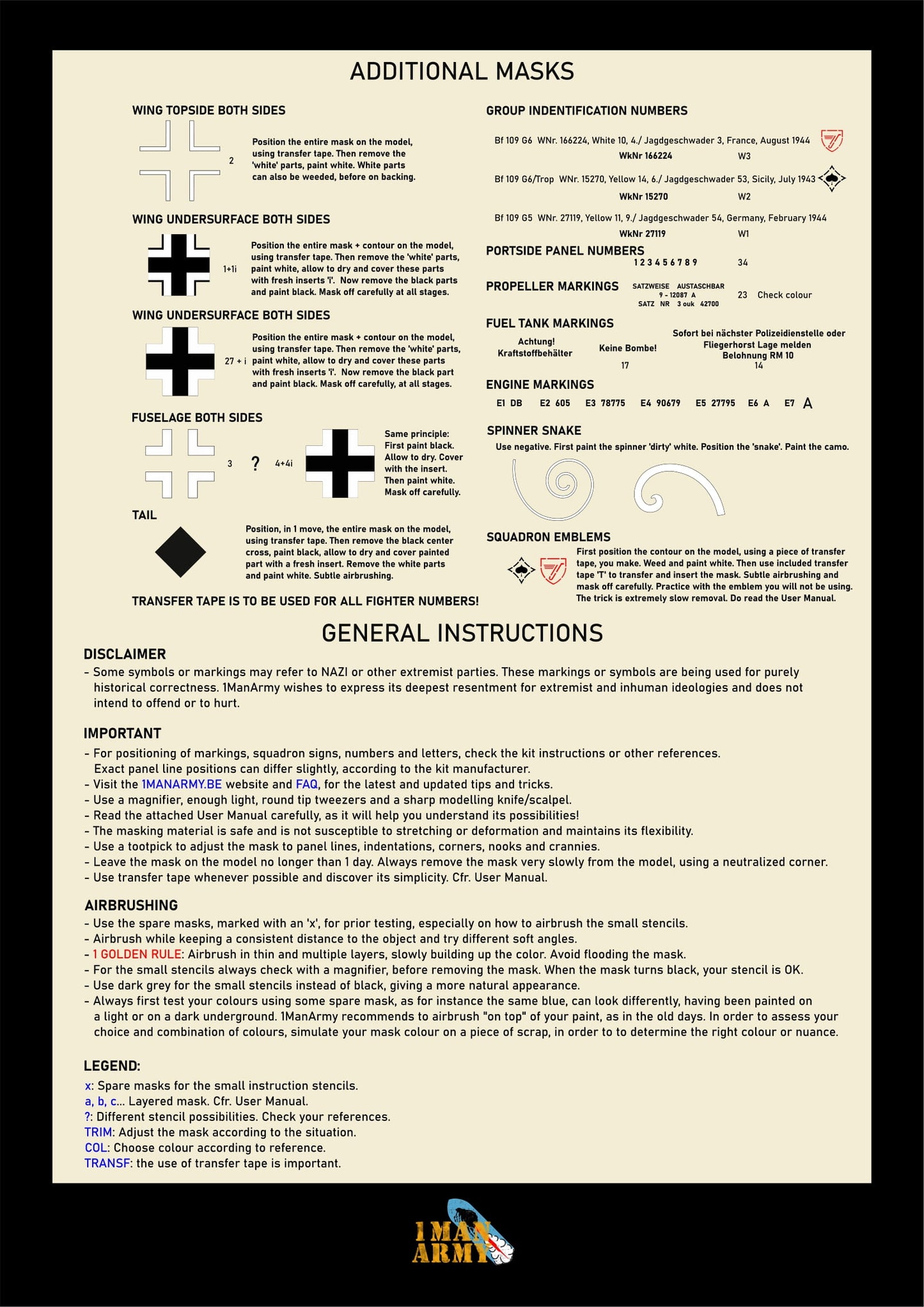 1ManArmy Airfix Messerschmitt Bf109 G-5/G-6 1/24 Basic Markings & Stencil High-Definition Paint Masks, 24DET005