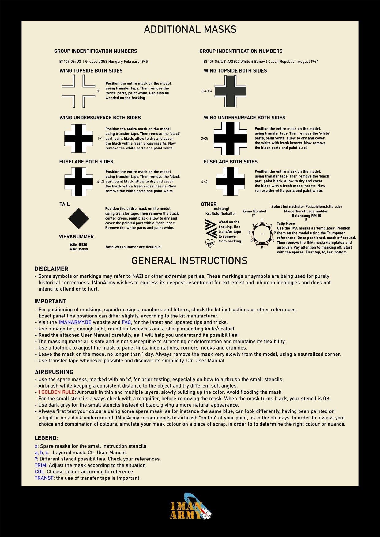 1ManArmy Trumpeter Messerschmitt Bf 109 G-6 'Late' 1/24 Basic Markings & Stencil High-Definition Paint Masks, 24DET007