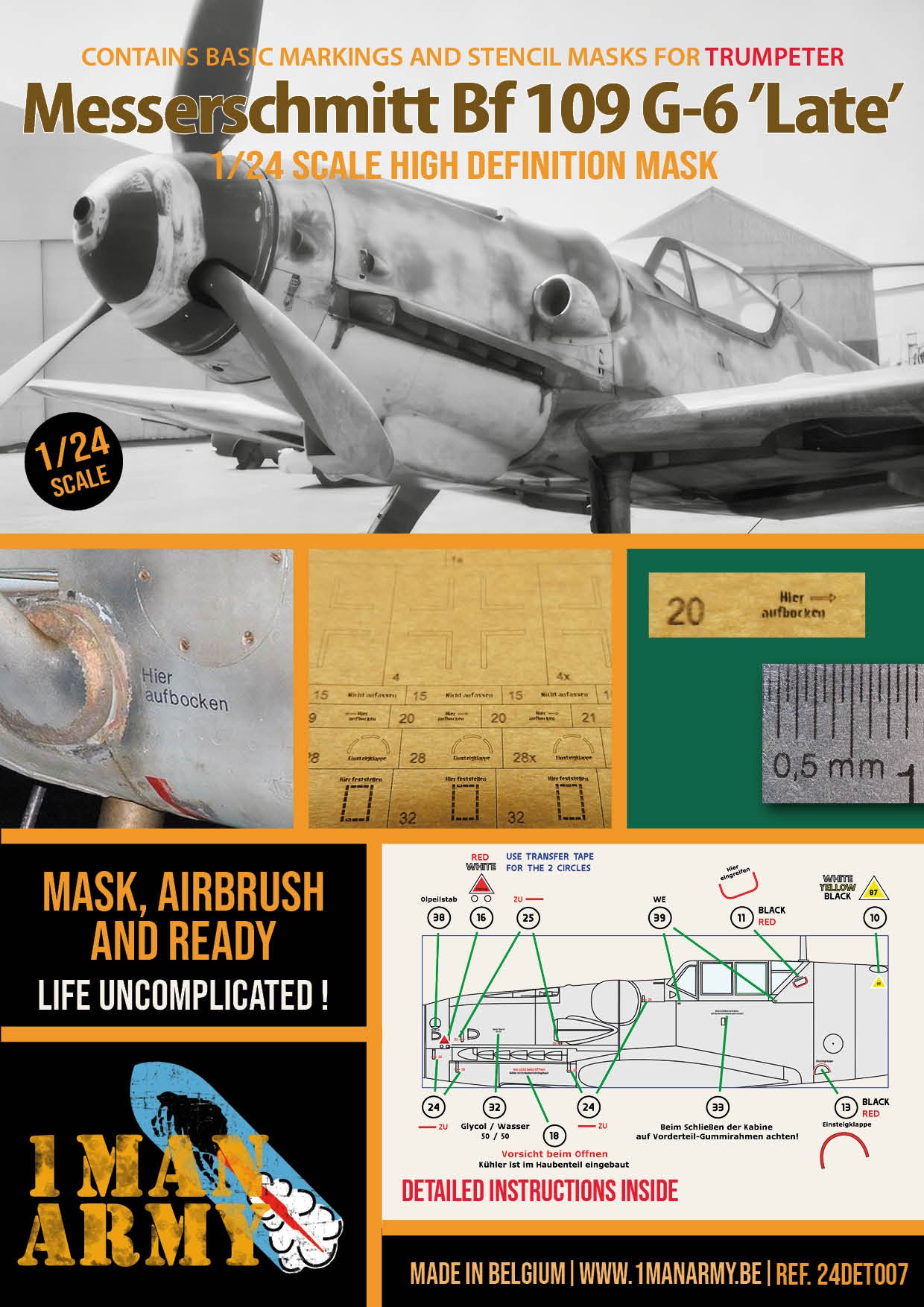 1ManArmy Trumpeter Messerschmitt Bf 109 G-6 'Late' 1/24 Basic Markings & Stencil High-Definition Paint Masks, 24DET007