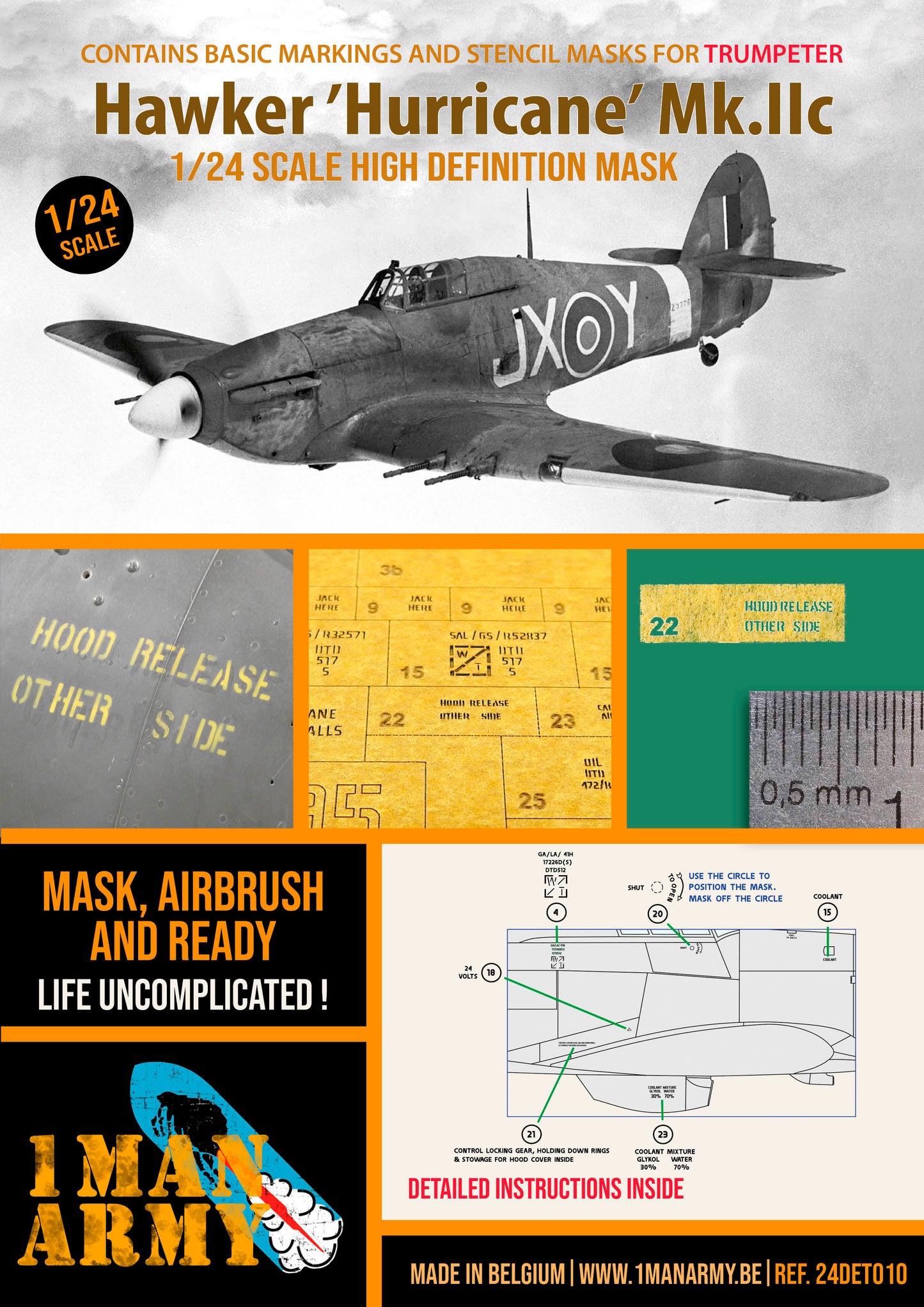 1ManArmy Trumpeter Hawker 'Hurricane' Mk.IIc 1/24 Basic Markings & Stencil High-Definition Paint Masks, 24DET010