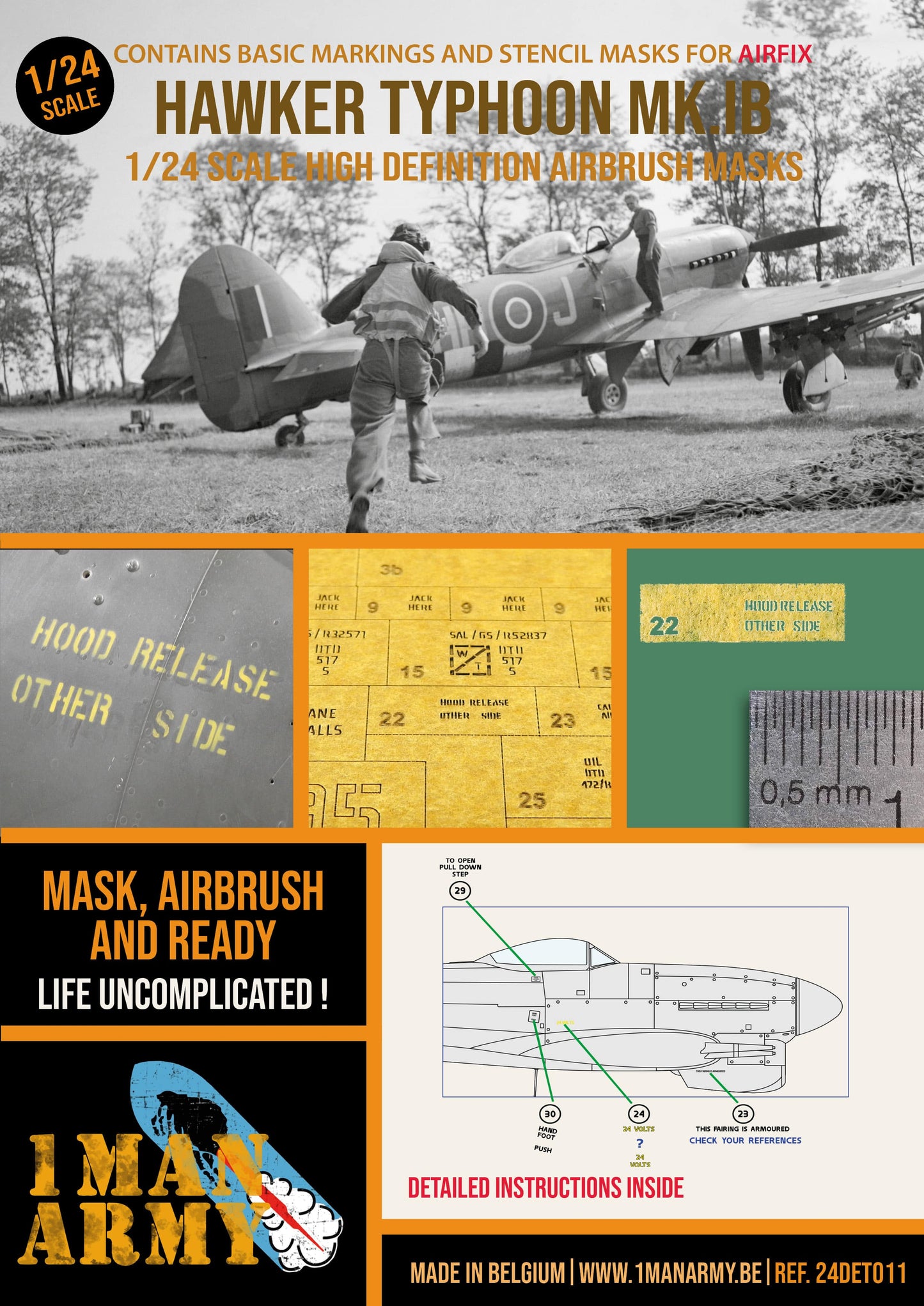 1ManArmy Airfix Hawker Typhoon Mk.IB 1/24 Basic Markings & Stencil High-Definition Paint Masks, 24DET011