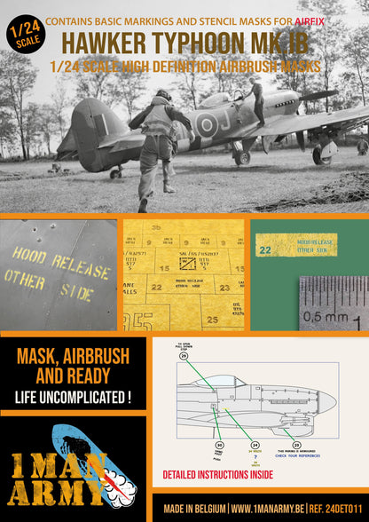 1ManArmy Airfix Hawker Typhoon Mk.IB 1/24 Basic Markings & Stencil High-Definition Paint Masks, 24DET011