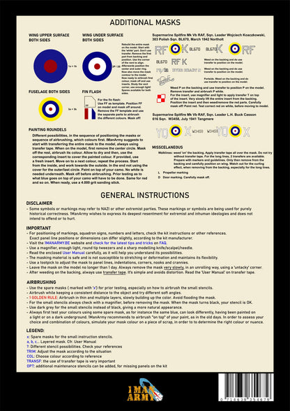 1ManArmy Trumpeter Supermarine Spitfire Mk.Vb 1/24 Basic Markings & Stencil High-Definition Paint Masks, 24DET015