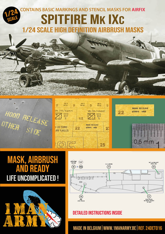1ManArmy Airfix Spitfire Mk.IXc 1/24 Basic Markings & Stencil High-Definition Paint Masks, 24DET016