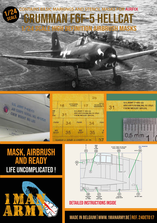 1ManArmy Airfix Grumman F6F-5 Hellcat 1/24 Basic Markings & Stencil High-Definition Paint Masks, 24DET017