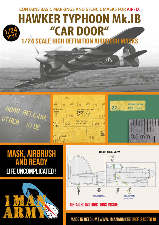 1ManArmy Airfix Hawker Typhoon Mk.IB "Car Door" 1/24 Basic Markings & Stencil High-Definition Paint Masks, 24DET018