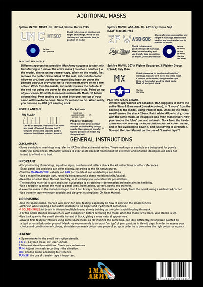 1ManArmy Airfix Spitfire Mk.VIII 1/24 Basic Markings & Stencil High-Definition Paint Masks, 24DET020