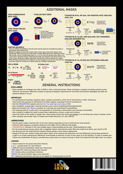 1ManArmy Airfix Hawker Typhoon Mk.IB "Car Door" 1/24 Basic Markings & Stencil High-Definition Paint Masks, 24DET018