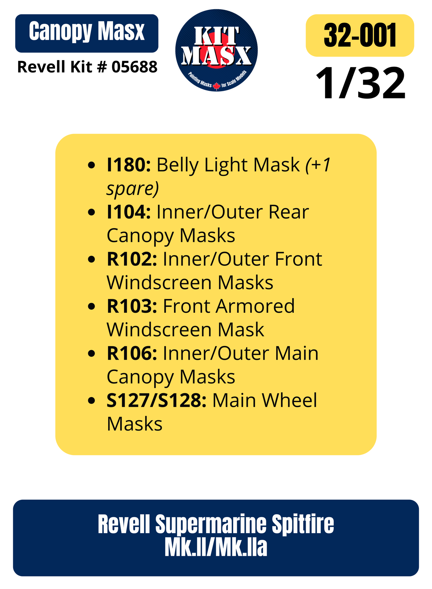 Revell Supermarine Spitfire Mk.II/Mk.IIa 1/32 Canopy & Wheel Paint Masks, Kit # 05688 (32001)