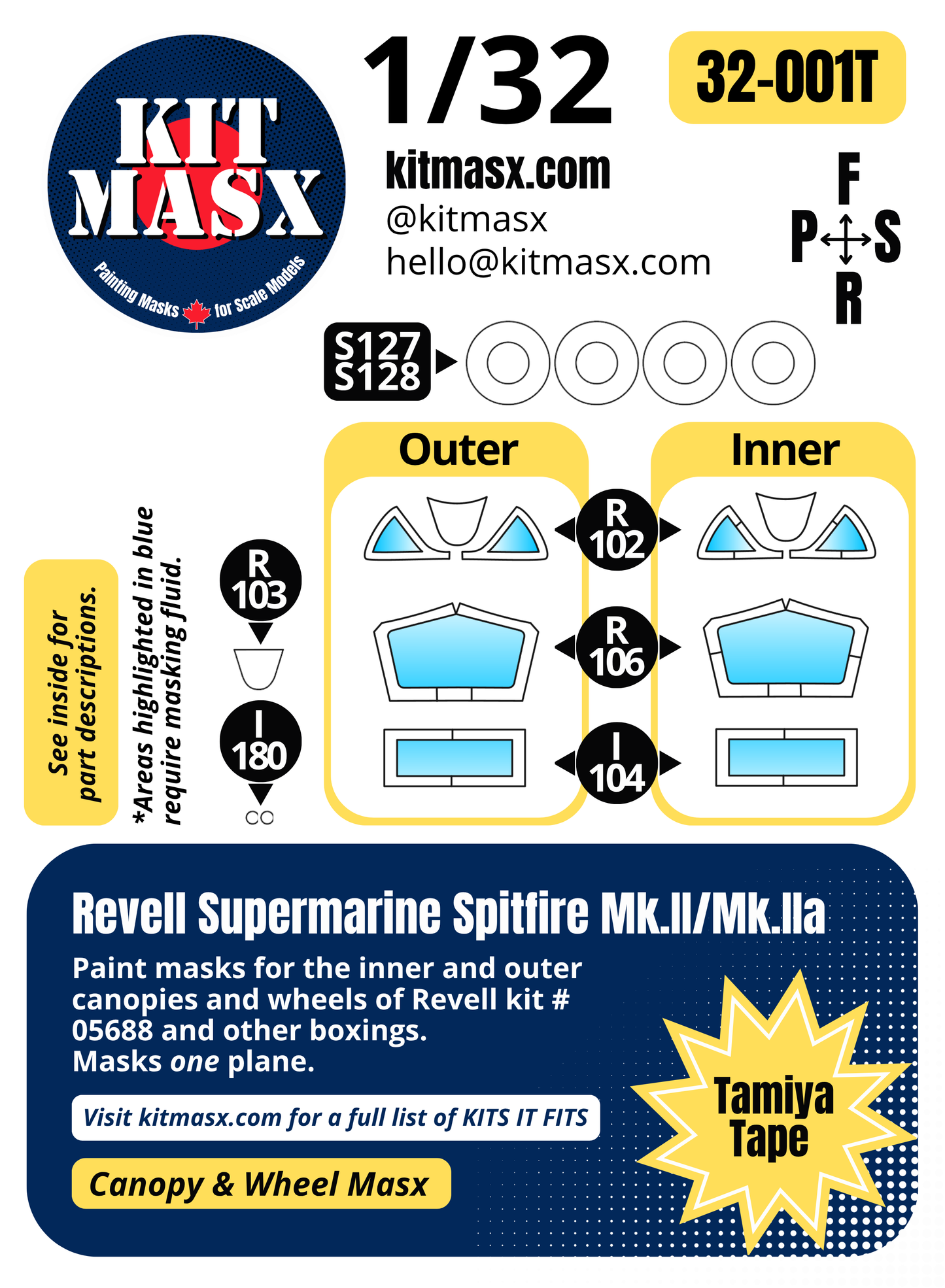 Revell Supermarine Spitfire Mk.II/Mk.IIa 1/32 Canopy & Wheel Paint Masks, Kit # 05688 (32001)