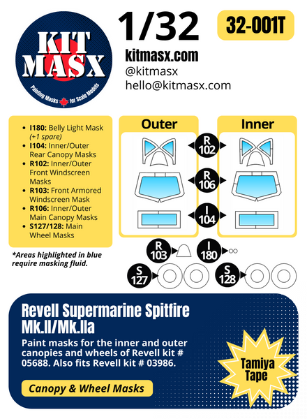 Revell Supermarine Spitfire Mk.II/Mk.IIa 1/32 Canopy & Wheel Paint Masks, Kit # 05688