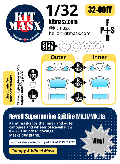 Revell Supermarine Spitfire Mk.II/Mk.IIa 1/32 Canopy & Wheel Paint Masks, Kit # 05688 (32001)