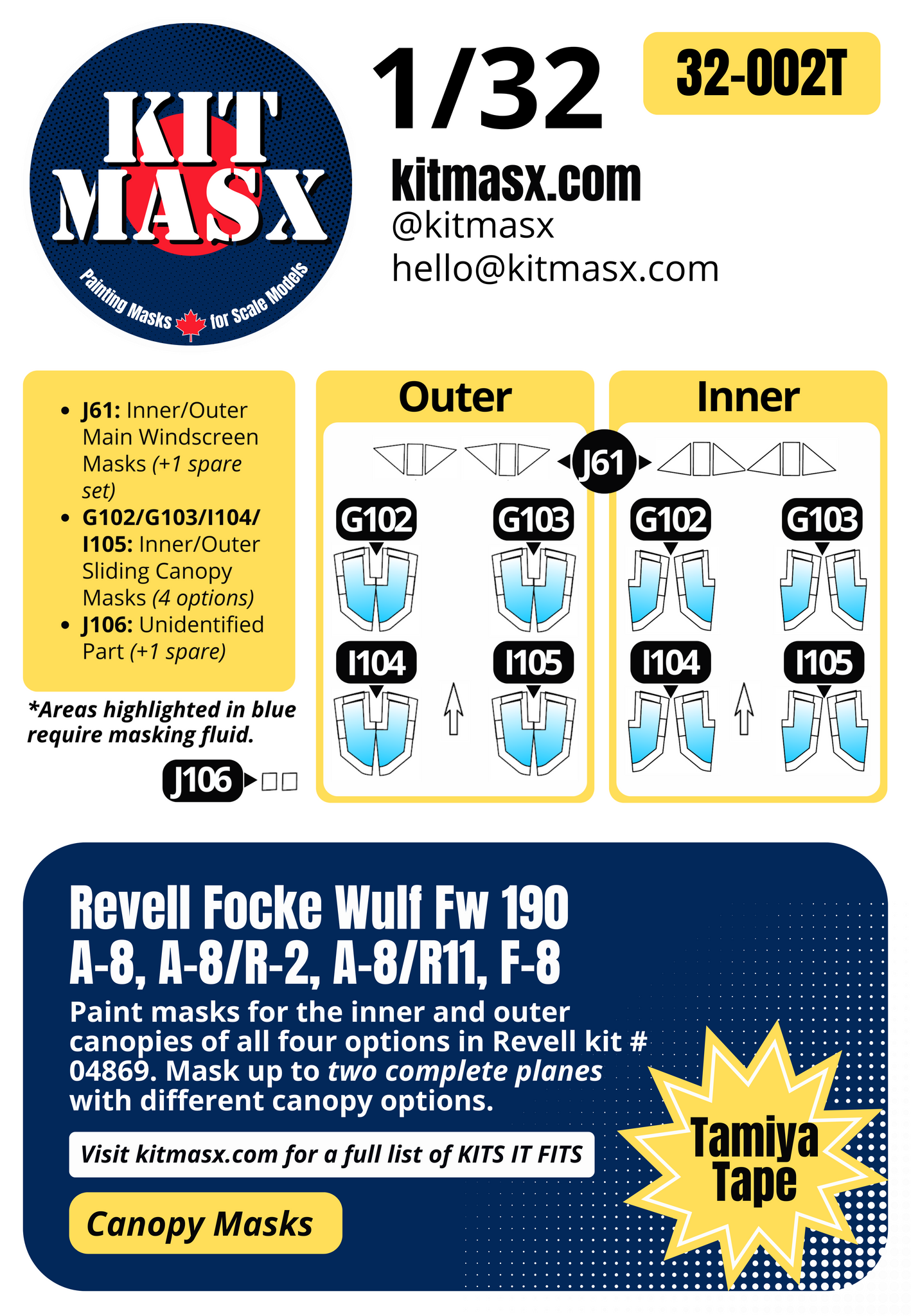 Revell Focke Wulf Fw 190 A-8, A-8/R-2, A-8/R11, F-8 1/32 Canopy Paint Masks, Kit # 04869