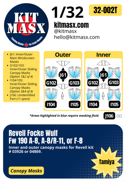 Revell Focke Wulf Fw 190 A-8, A-8/R-11, or F-8 1/32 Canopy Paint Masks