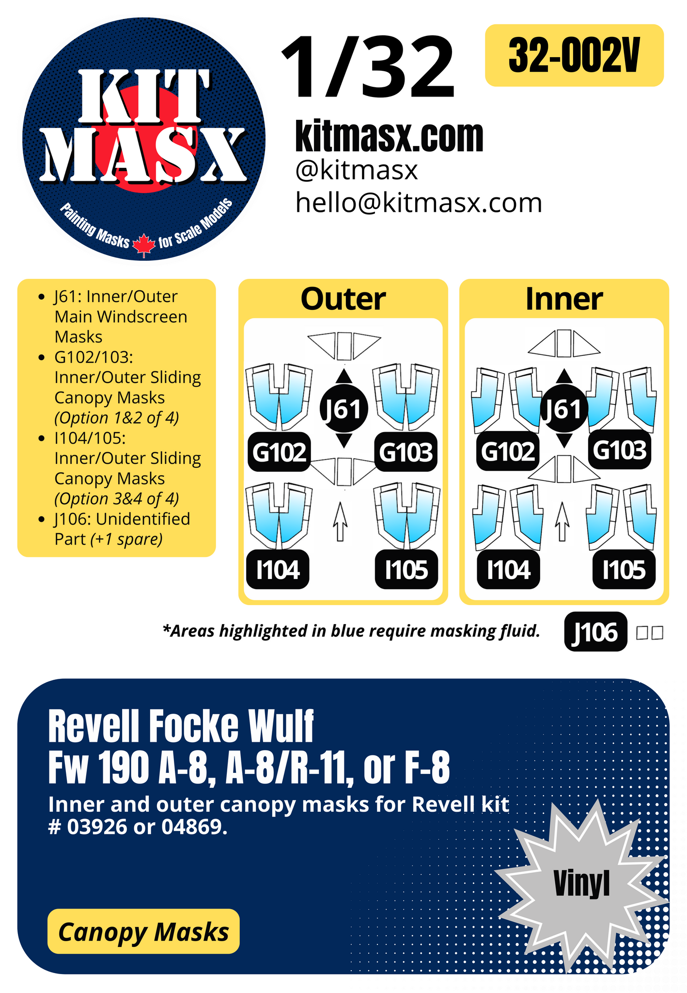 Revell Focke Wulf Fw 190 A-8, A-8/R-11, or F-8 1/32 Canopy Paint Masks