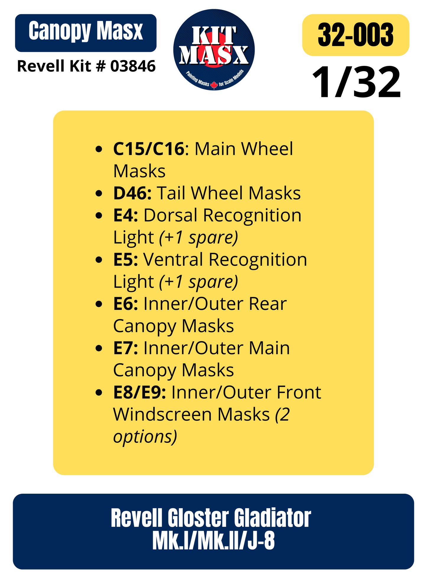 Revell Gloster Gladiator Mk.I/Mk.II/J-8 1/32 Canopy & Wheel Paint Masks, Kit # 03846 (32003)