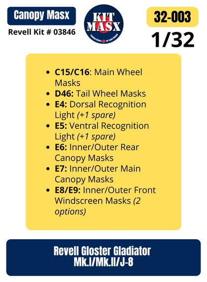 Revell Gloster Gladiator Mk.I/Mk.II/J-8 1/32 Canopy & Wheel Paint Masks, Kit # 03846 (32003)