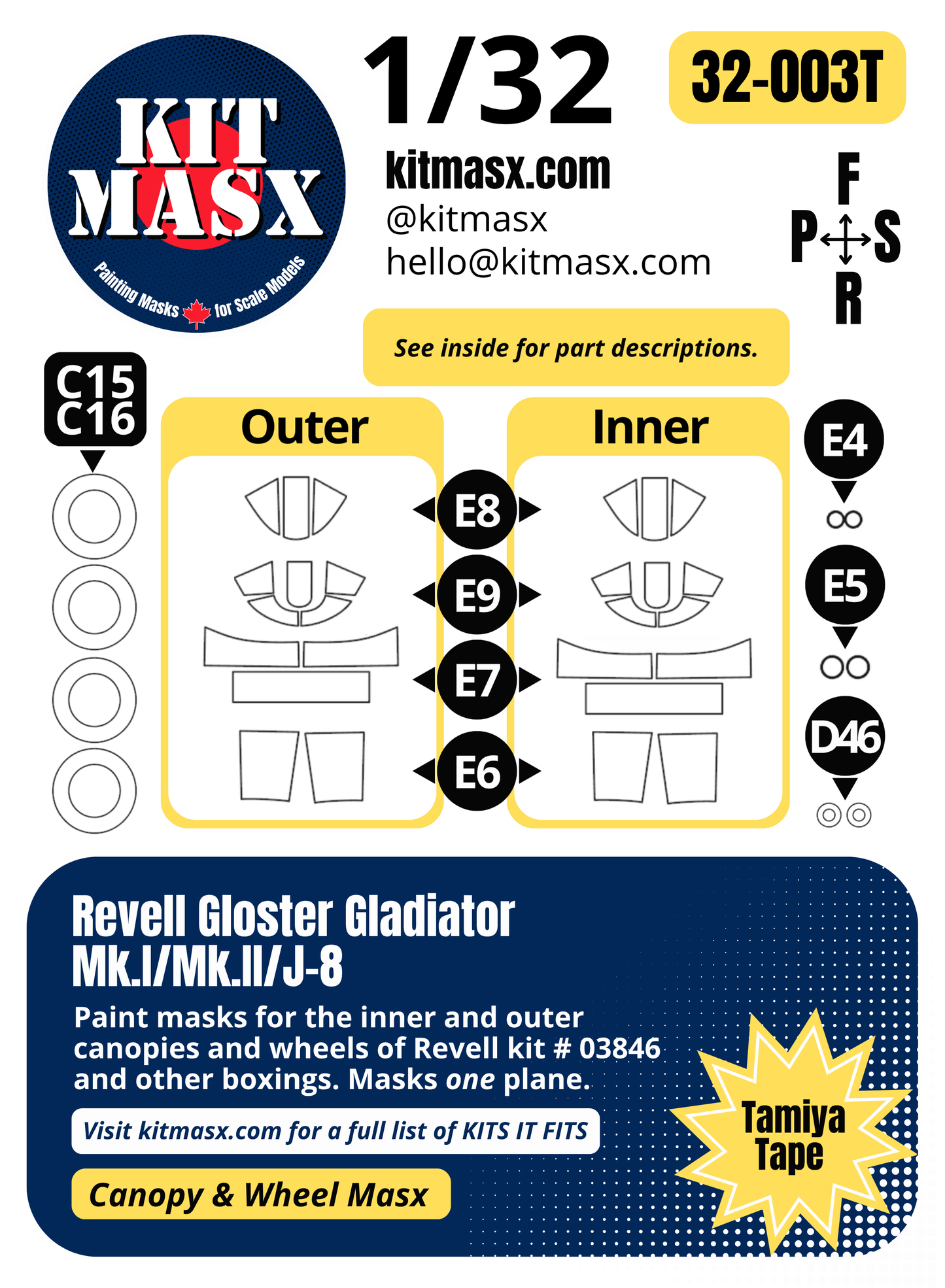 Revell Gloster Gladiator Mk.I/Mk.II/J-8 1/32 Canopy & Wheel Paint Masks, Kit # 03846 (32003)