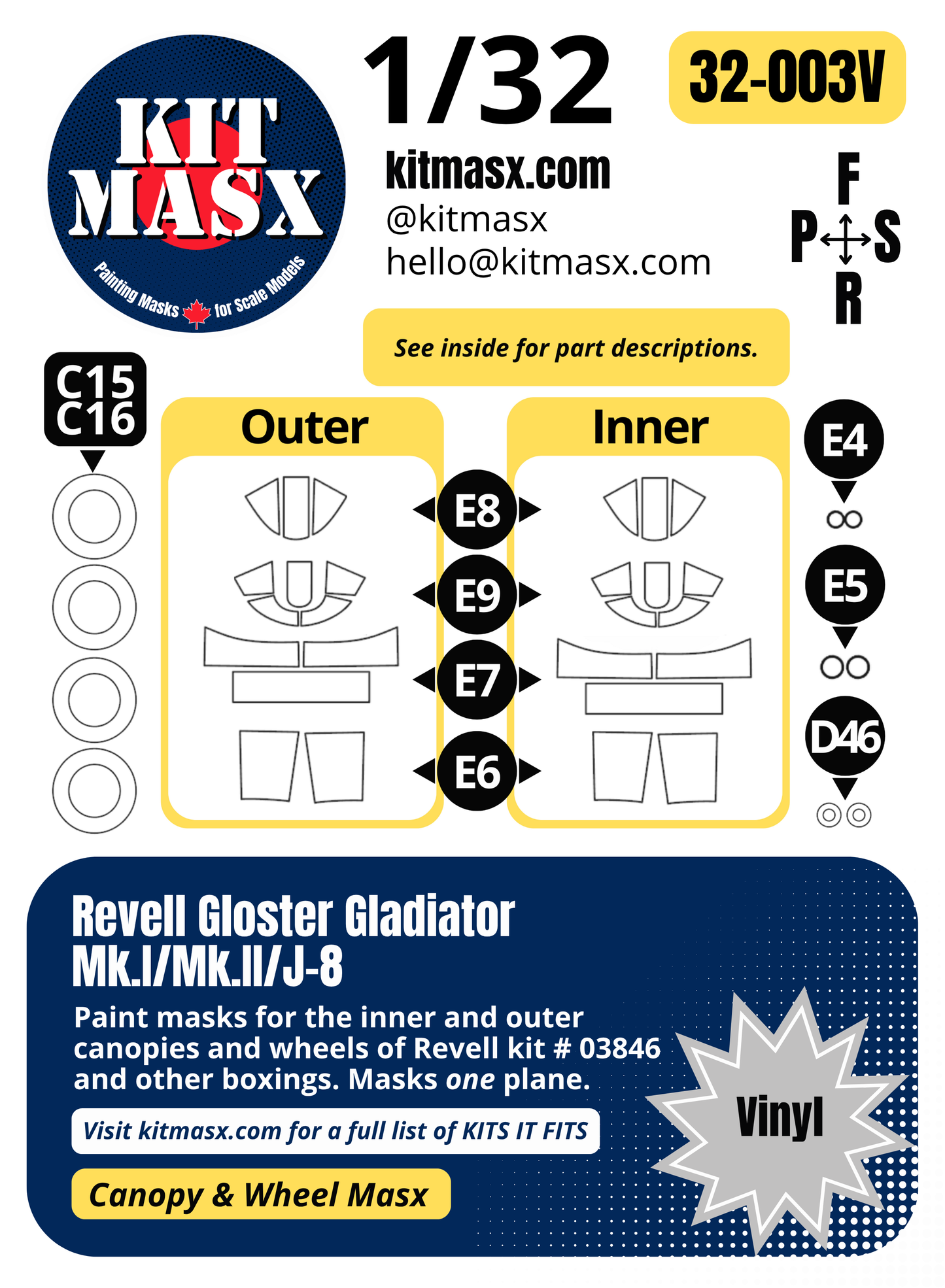 Revell Gloster Gladiator Mk.I/Mk.II/J-8 1/32 Canopy & Wheel Paint Masks, Kit # 03846 (32003)