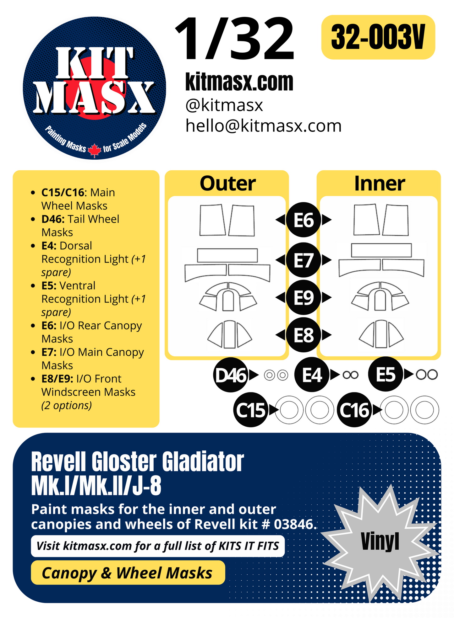 Revell Gloster Gladiator Mk.I/Mk.II/J-8 1/32 Canopy & Wheel Paint Masks, Kit # 03846