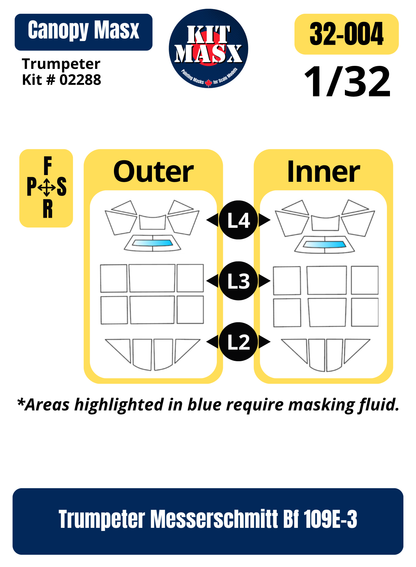 Trumpeter Messerschmitt Bf 109E-3 1/32 Canopy Paint Masks, Kit # 02288 (32004)