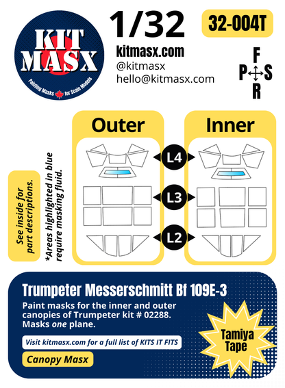 Trumpeter Messerschmitt Bf 109E-3 1/32 Canopy Paint Masks, Kit # 02288 (32004)